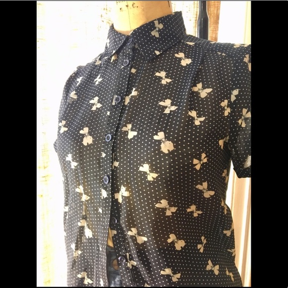 Tops - Sheer Navy Button Up Blouse with Bows + Polka Dots